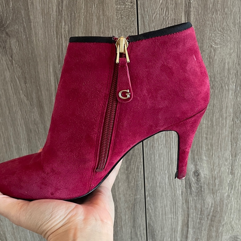 Guess Fuchsia Suede Heeled Boots with Gold Accents